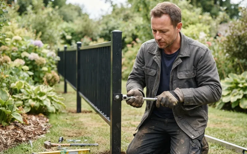 a person installing a metal fence panel in a garden
