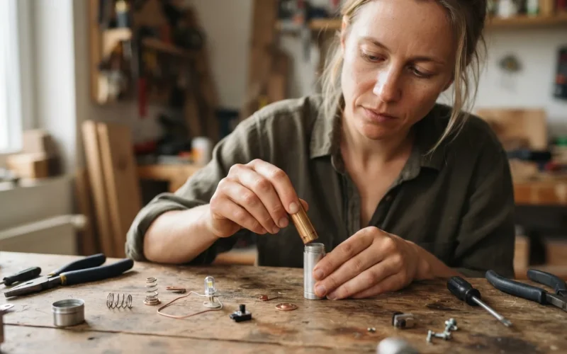 a person assembling a small flashlight from everyday objects on a table