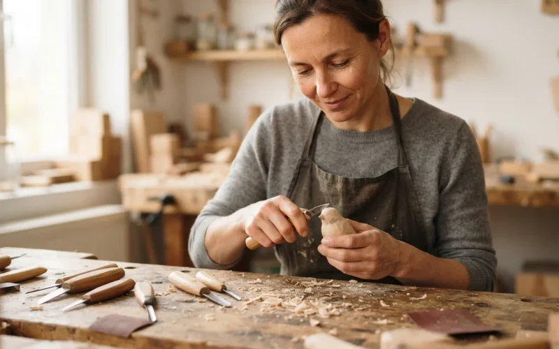 a person crafting a small wooden figurine at a table