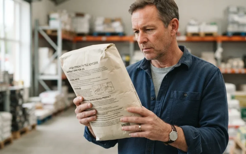 a person reading labels on a bag of tile adhesive