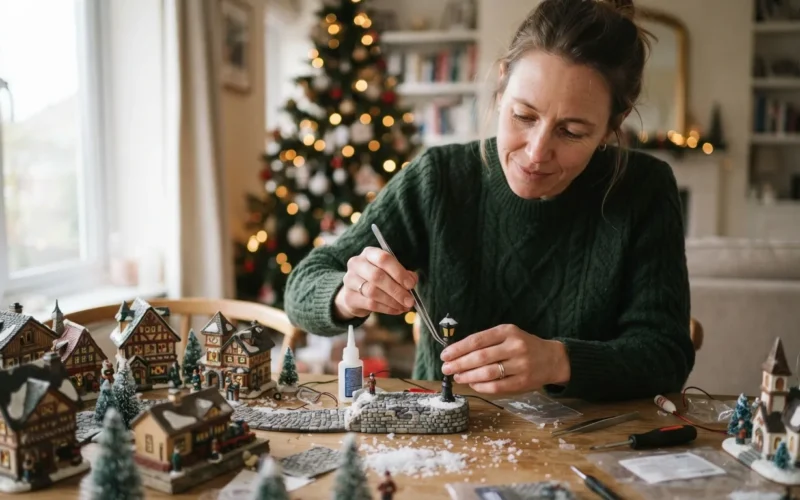 a person assembling a miniature Christmas village