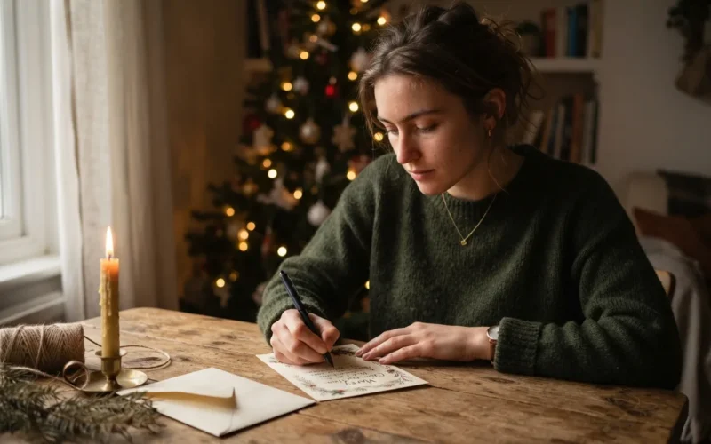 a person writing a Christmas card by candlelight