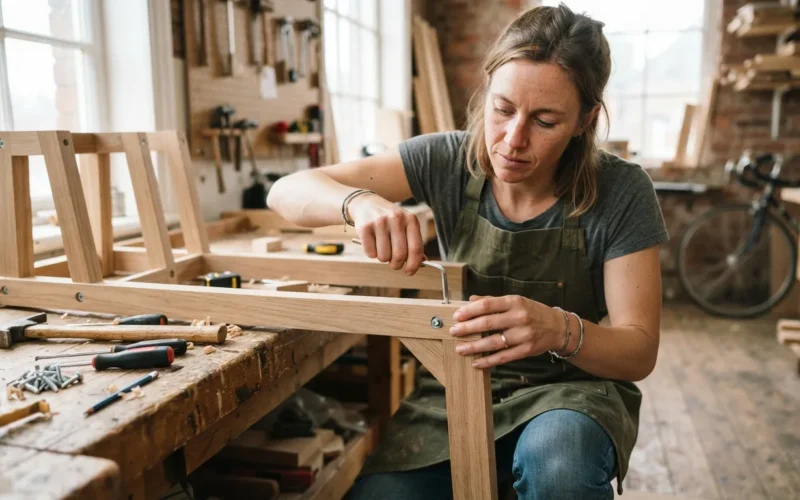 a person assembling a wooden bicycle rack