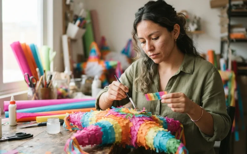 a person decorating a colorful paper piñata