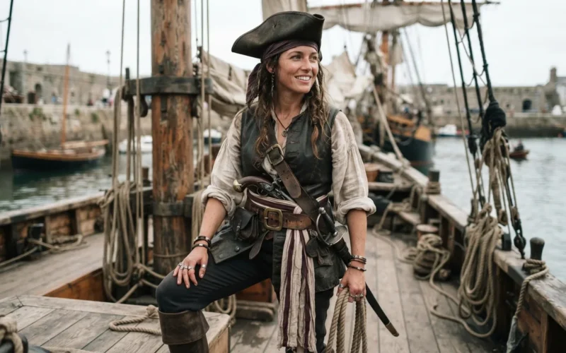 a woman wearing a pirate costume