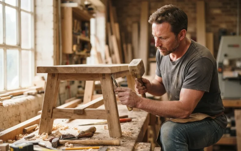 a person building a wooden bench with tools