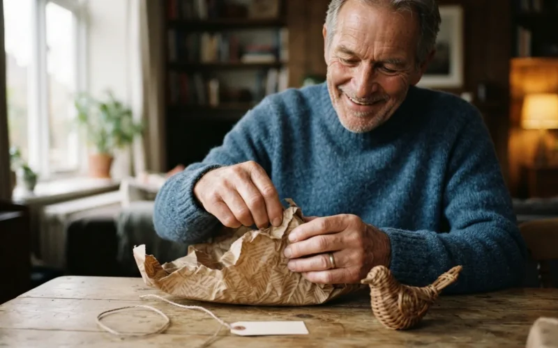 a senior man unwrapping a handmade gift