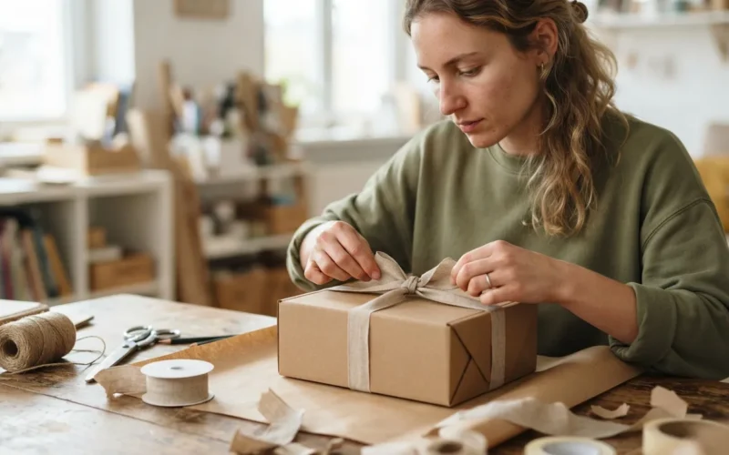 a person decorating a cardboard box with craft paper and ribbon