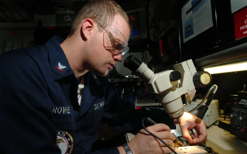 Gulf of Alaska (Jun. 11, 2004) - Electronics Technician 3rd Class Braxton Rowe, a micro-miniature soldering specialist from Medford, Ore., repairs a faulty resister on a circuit board aboard USS John C. Stennis (CVN 74). Stennis and embarked Carrier Air Wing Fourteen (CVW-14) are at sea participating in Exercise Northern Edge, part of a scheduled deployment. U.S. Navy photo by Photographer's Mate 3rd Class Mark J. Rebilas (RELEASED)