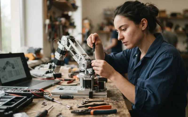 a person assembling a robotic arm on a workbench