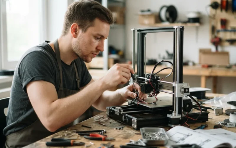 a person assembling a 3D printer on a workbench