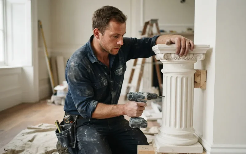 a person installing a decorative column in a room