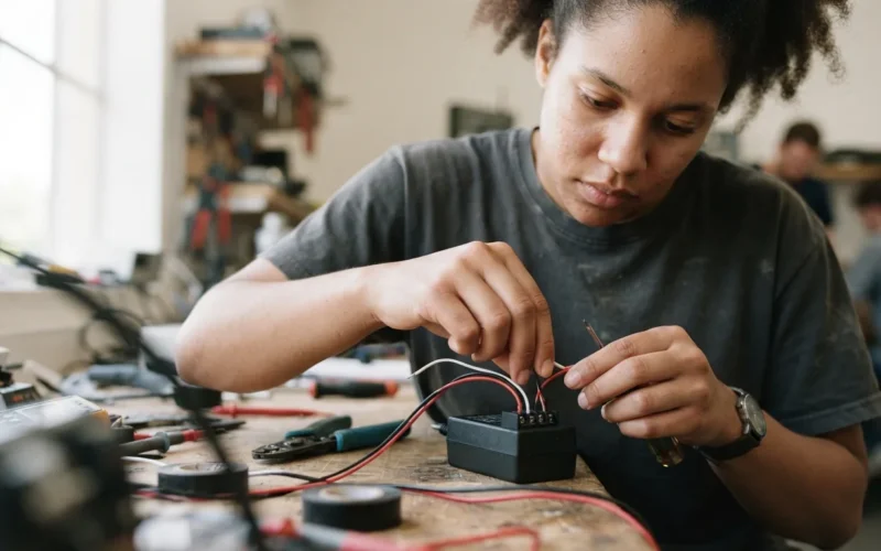 a person connecting wires to a power adapter