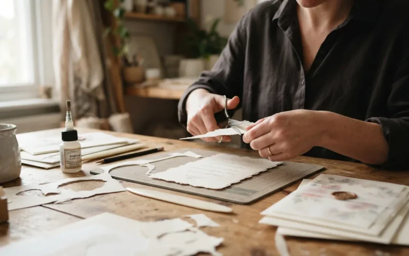 a person crafting paper invitations with scissors and glue