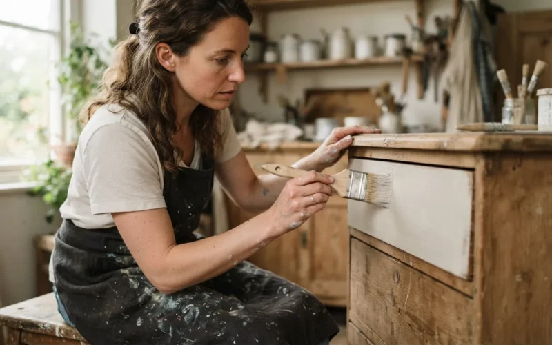 a person painting a wooden piece of furniture with a brush