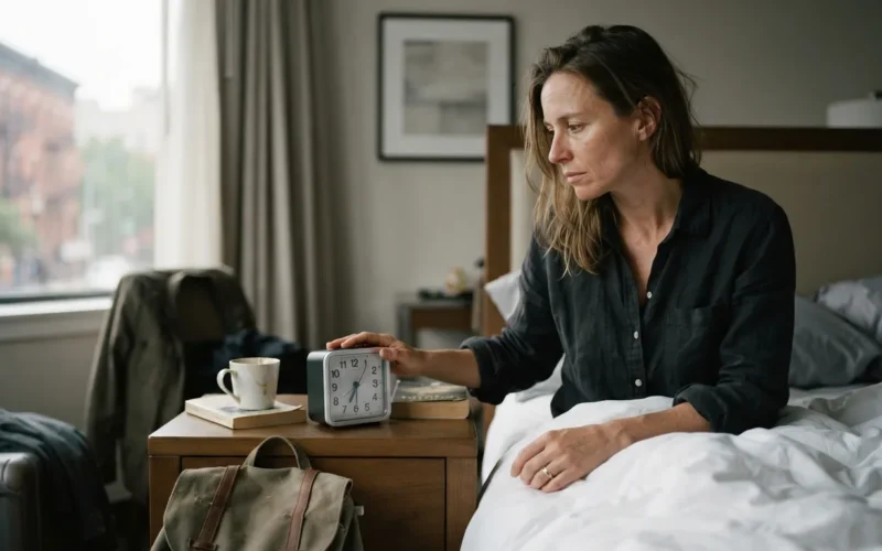 a tired traveler looking at a clock in a hotel room