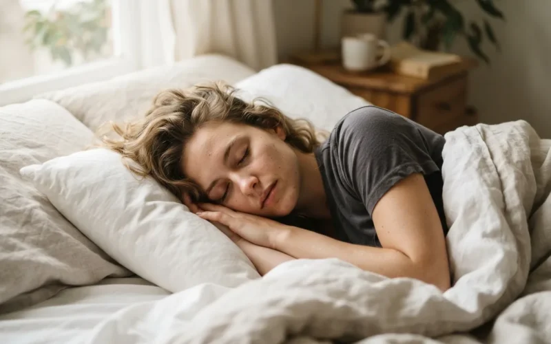 a woman sleeping in bed