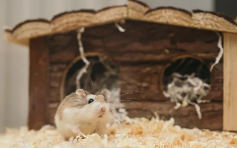 Adorable hamster peeks out of a wooden toy house, surrounded by soft bedding.