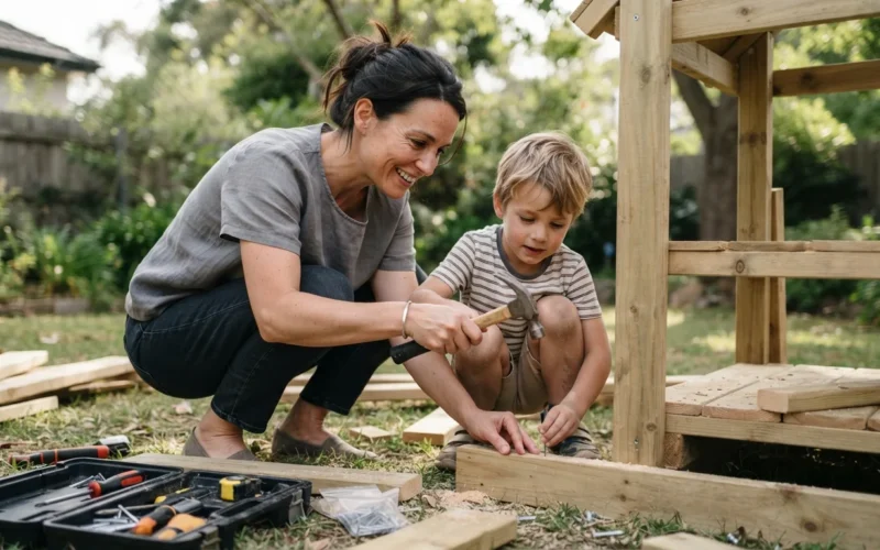 a parent and child building a wooden play structure together