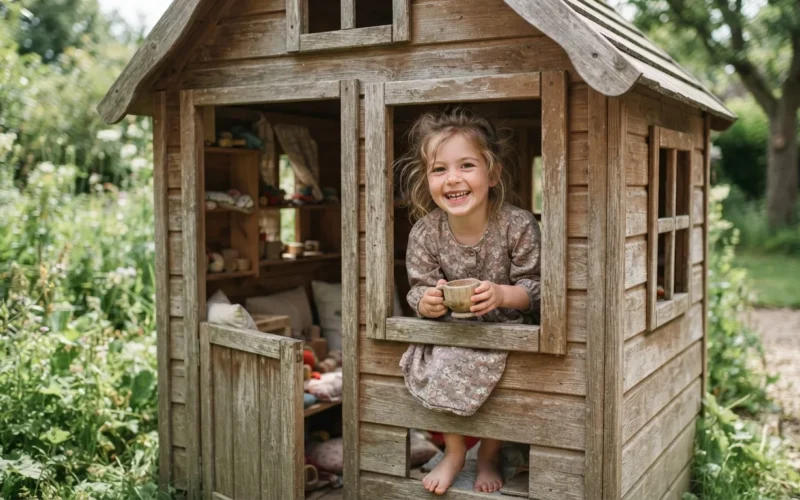 a child playing in a small wooden playhouse