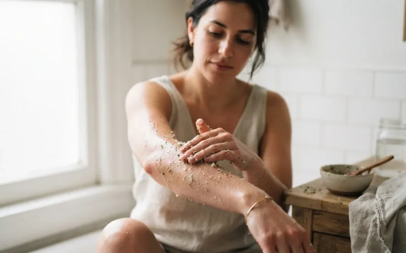 a woman applying a homemade body scrub to her arm