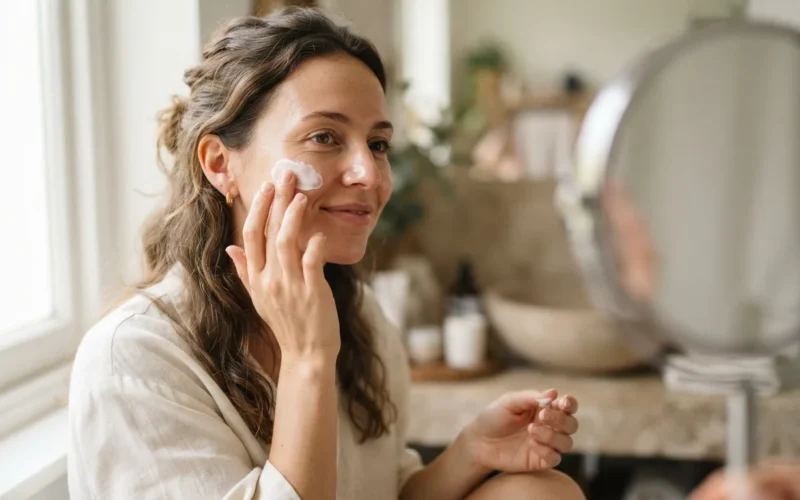 a woman applying cream to her face