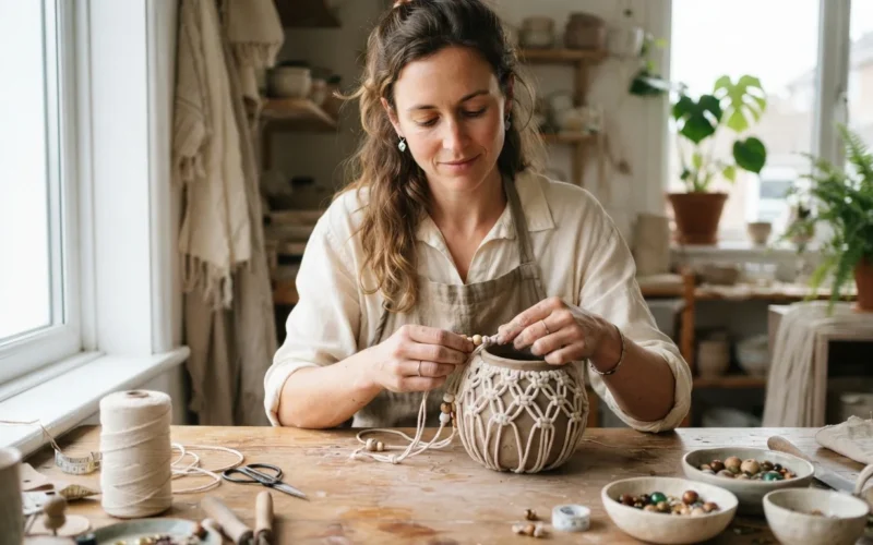 a woman decorating a clay pot with macrame and beads