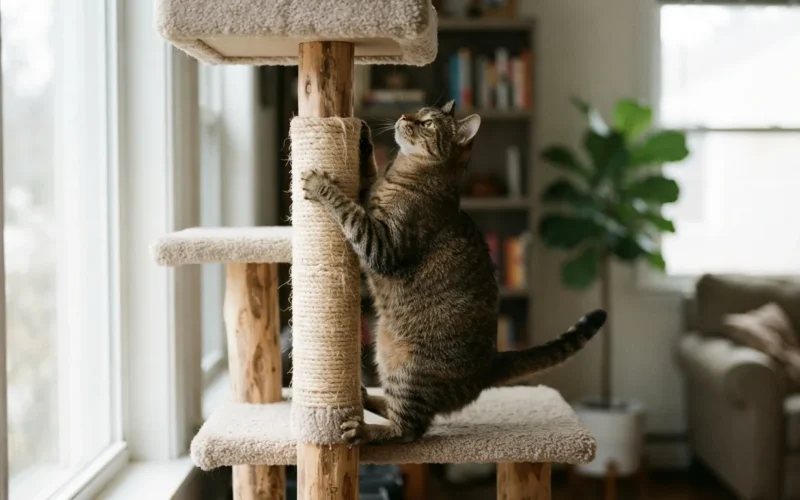 a cat climbing on a cat tree