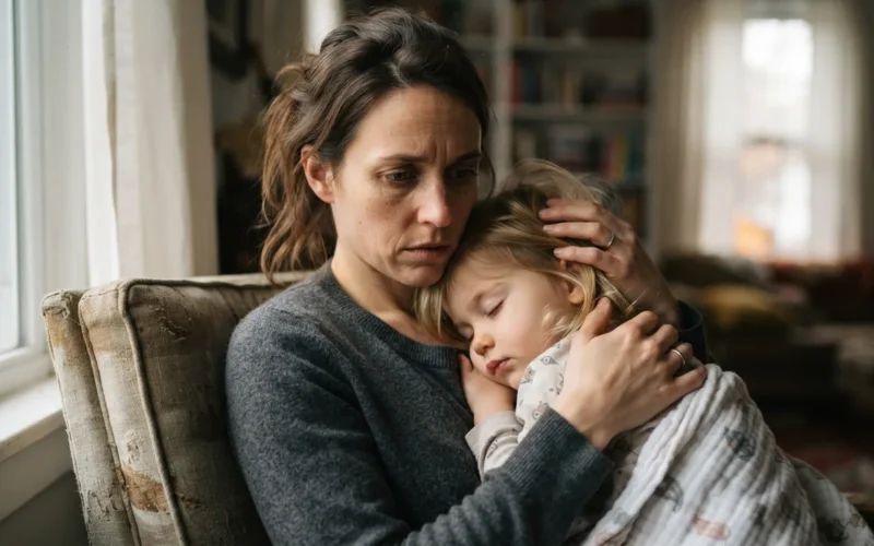 a worried woman holding a sleeping child
