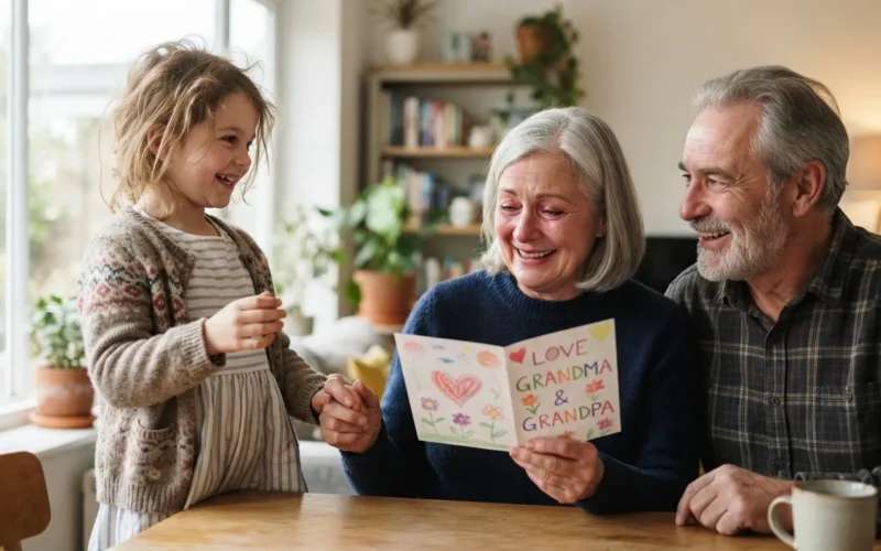 a child giving a handmade card to grandparents