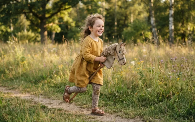a child riding a handmade hobby horse