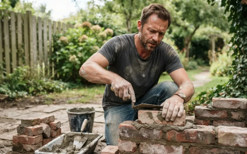 a man building a brick barbecue grill in a backyard