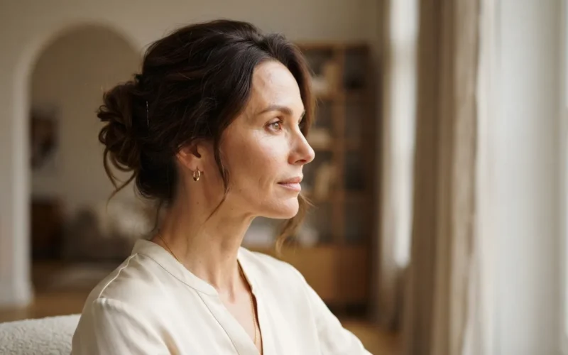 a woman with an elegant updo hairstyle