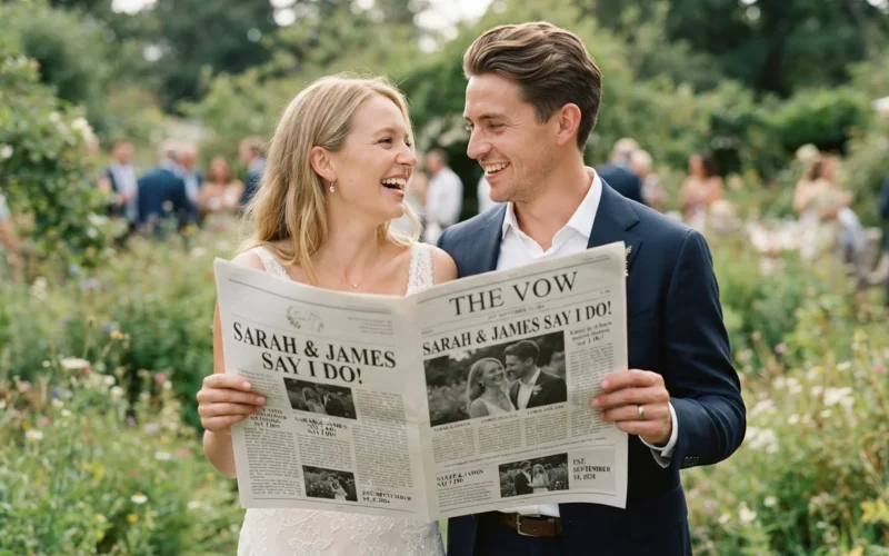 a couple holding a custom wedding newspaper