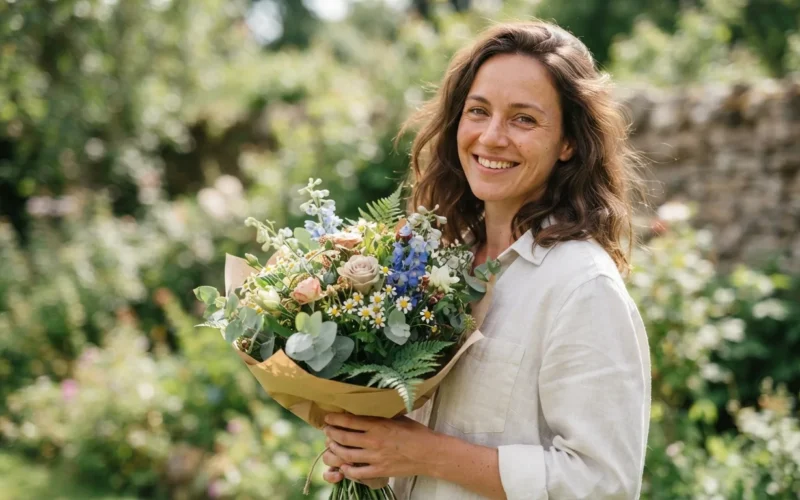 a woman holding a bouquet of flowers and smiling