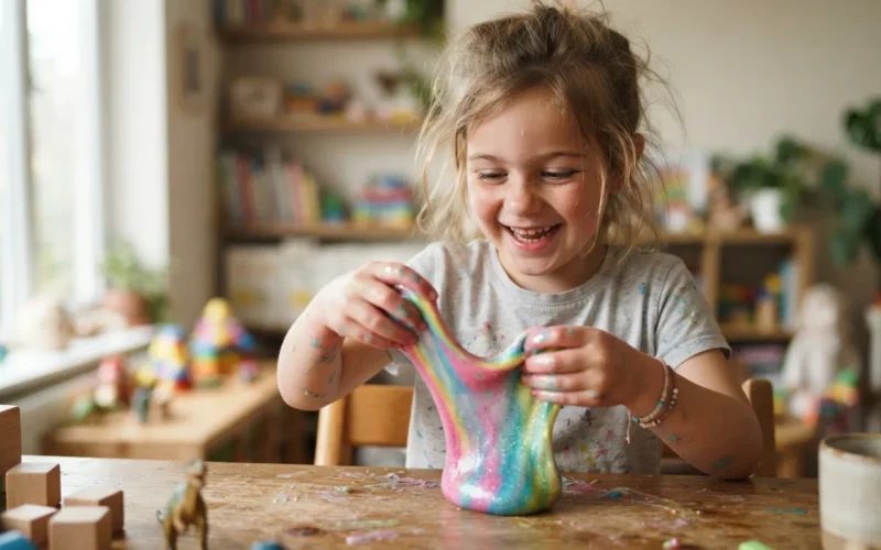 a child playing with colorful slime