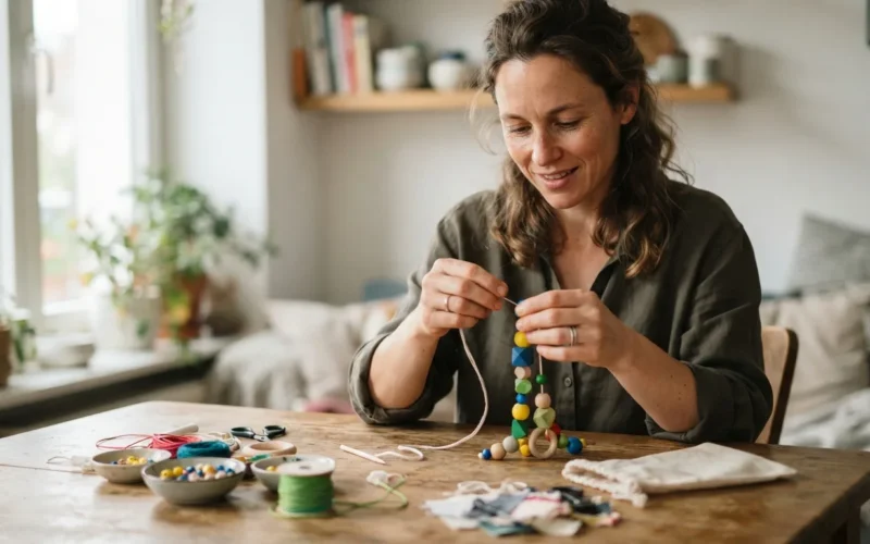 a parent making a colorful baby toy at a table