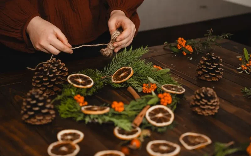 Artisan crafting a holiday wreath with natural pine cones and dried oranges.
