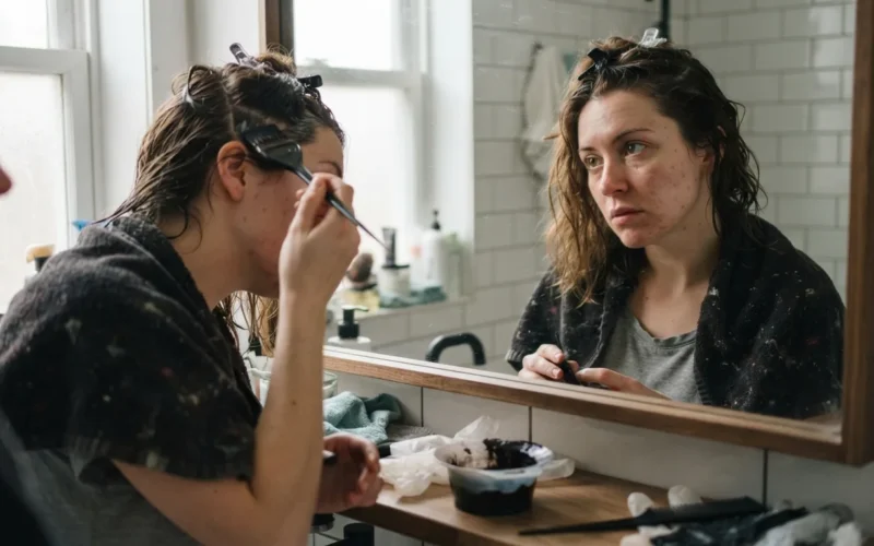 a woman applying hair dye in a bathroom mirror