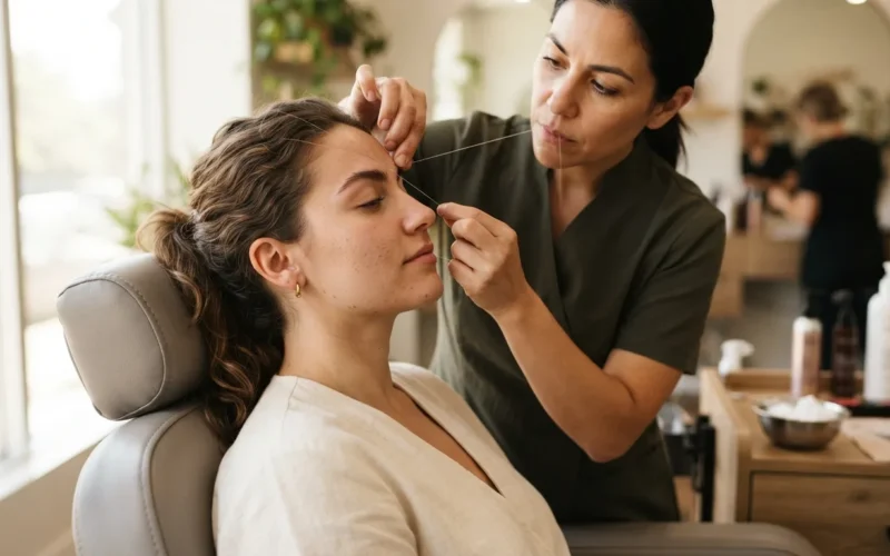 a woman getting her eyebrows styled at a beauty salon