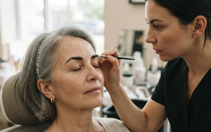 a woman with grey hair having her eyebrows tinted by a beautician