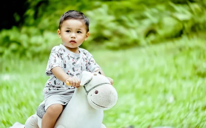 Cute toddler sitting on a plush rocking horse in a grassy outdoor setting, looking curious and innocent.