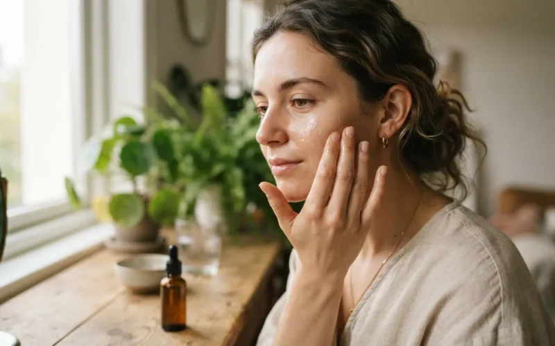 a woman applying a skincare product to her face