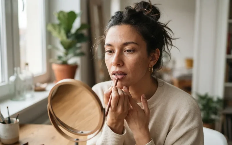 a woman applying lip liner