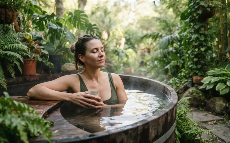 a person relaxing in a wooden hot tub surrounded by plants