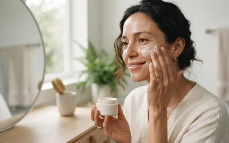a woman applying skincare product to her face