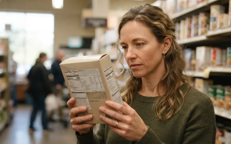 a woman reading a nutrition label on a food package