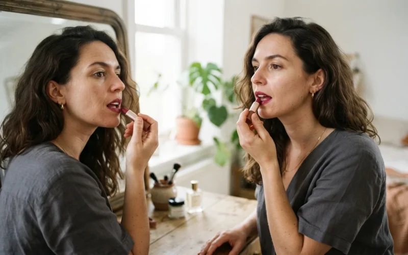 a woman applying lipstick in front of a mirror