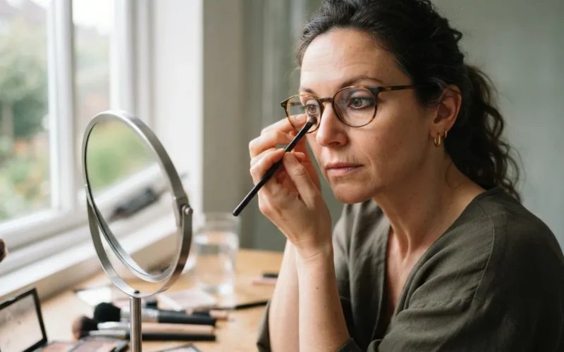 a woman applying eye makeup while wearing glasses
