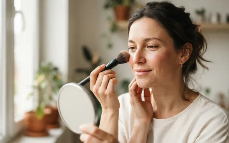 a woman applying makeup to her cheekbones